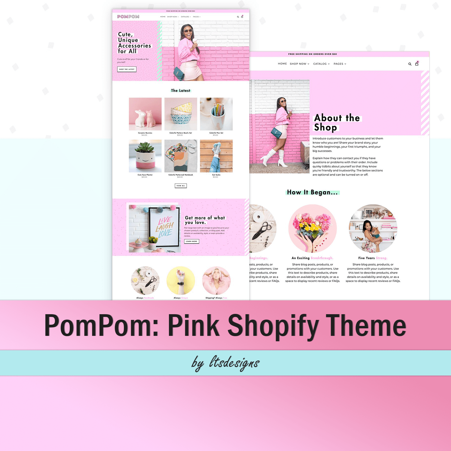 Charming image of Shopify theme in pink colors.