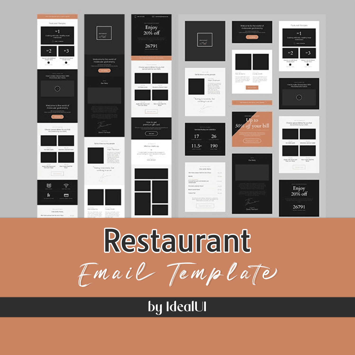 A selection of images of a unique restaurant email design template.