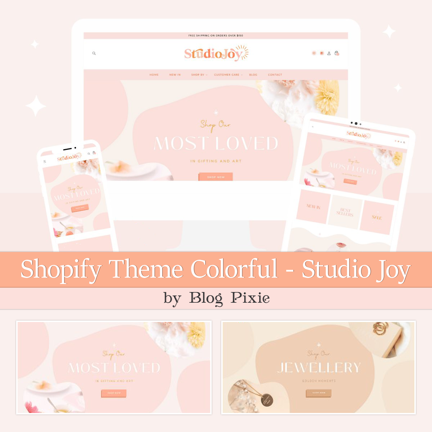 A set of page images of an adorable Shopify theme in pastel colors.