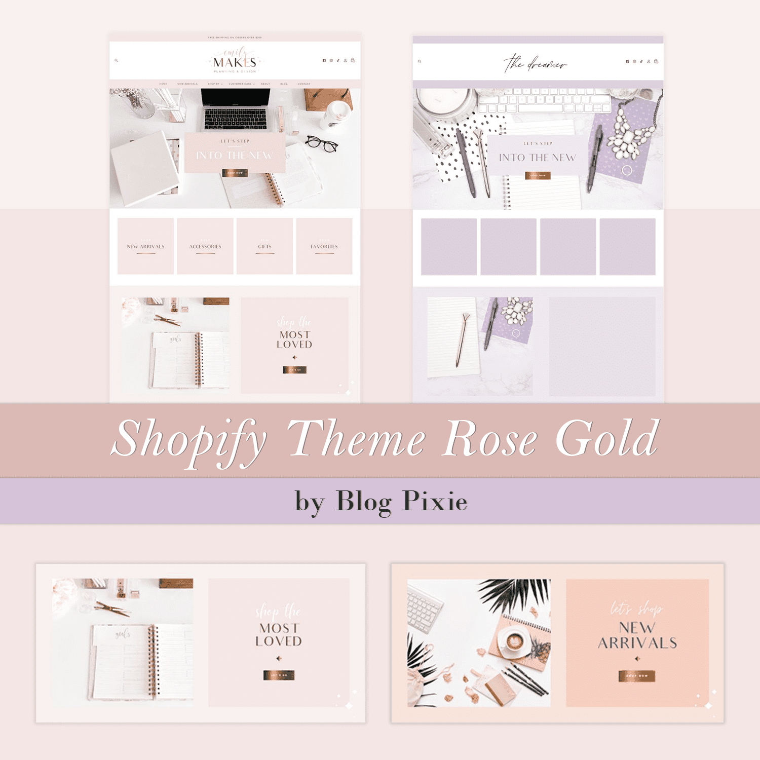 A set of page images of an adorable Shopify theme in rose gold colors.