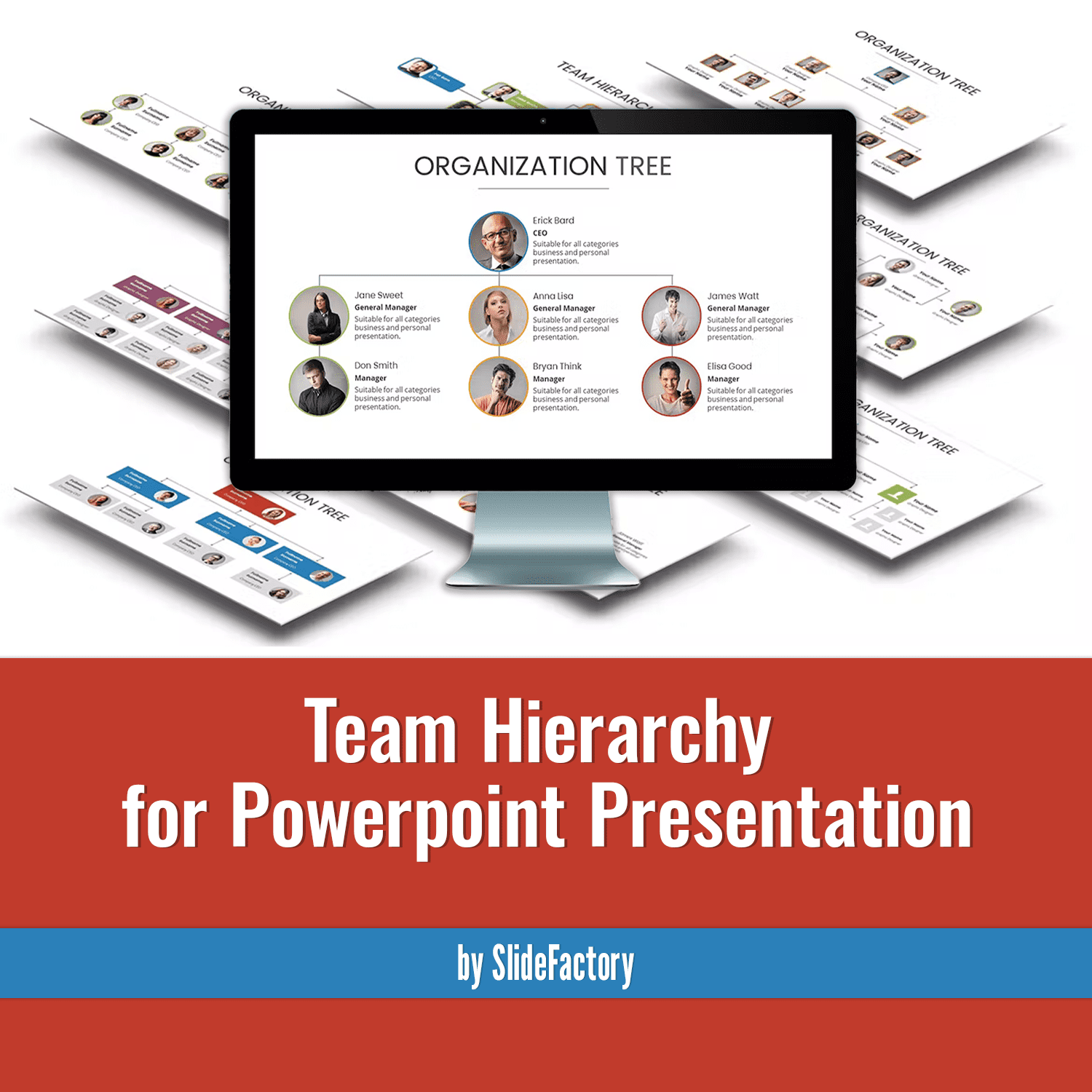 Bundle of images of amazing presentation template slides on the topic of hierarchy in a team.