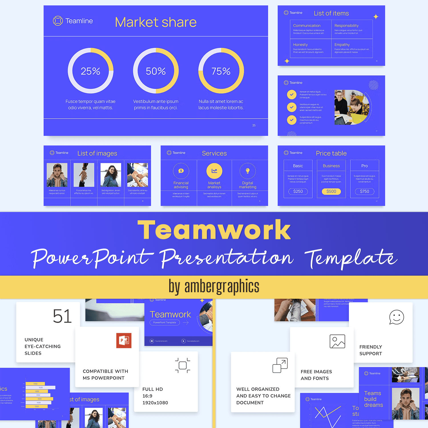 A selection of images of elegant presentation template slides on the theme of teamwork.