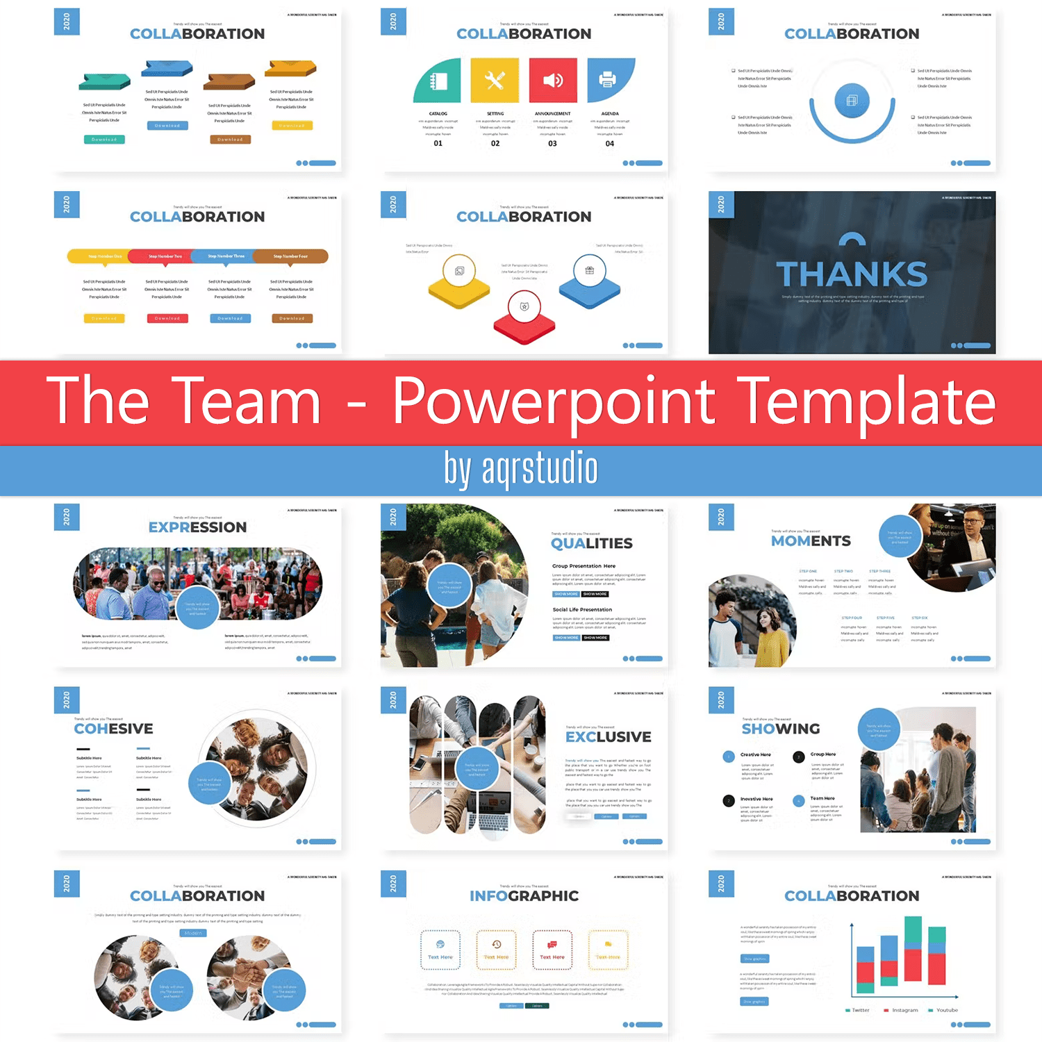 A selection of images of unique slides presentation template on the theme of teamwork.