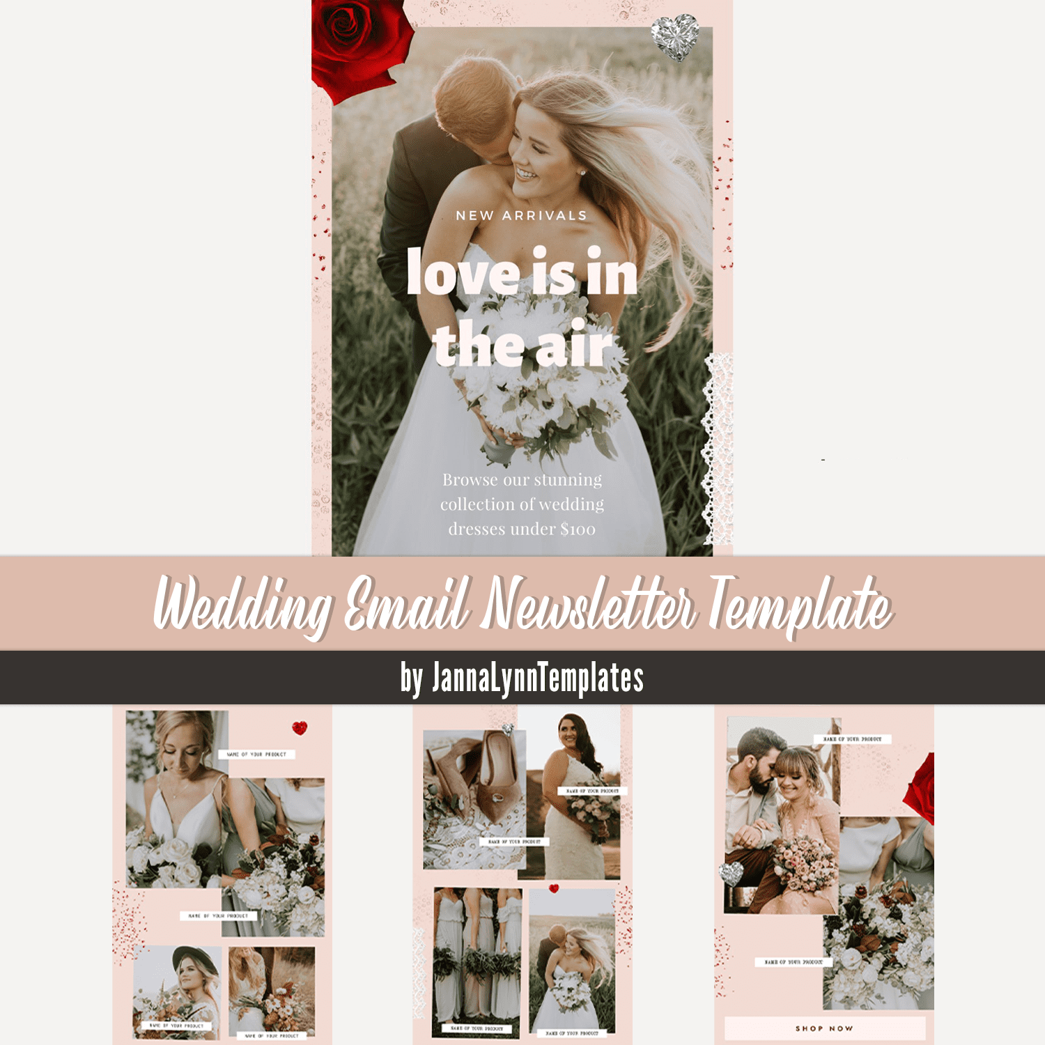 Set of images of charming wedding email newsletter template.