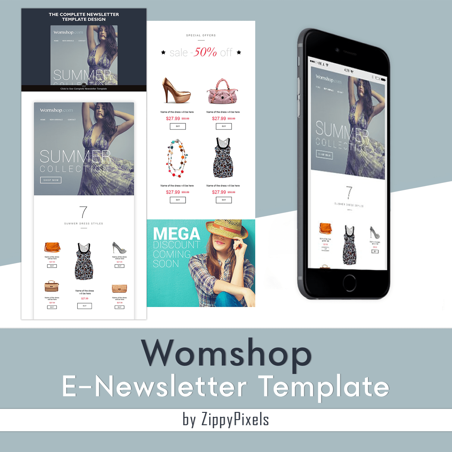 Set of images of adorable women's shop email design template.