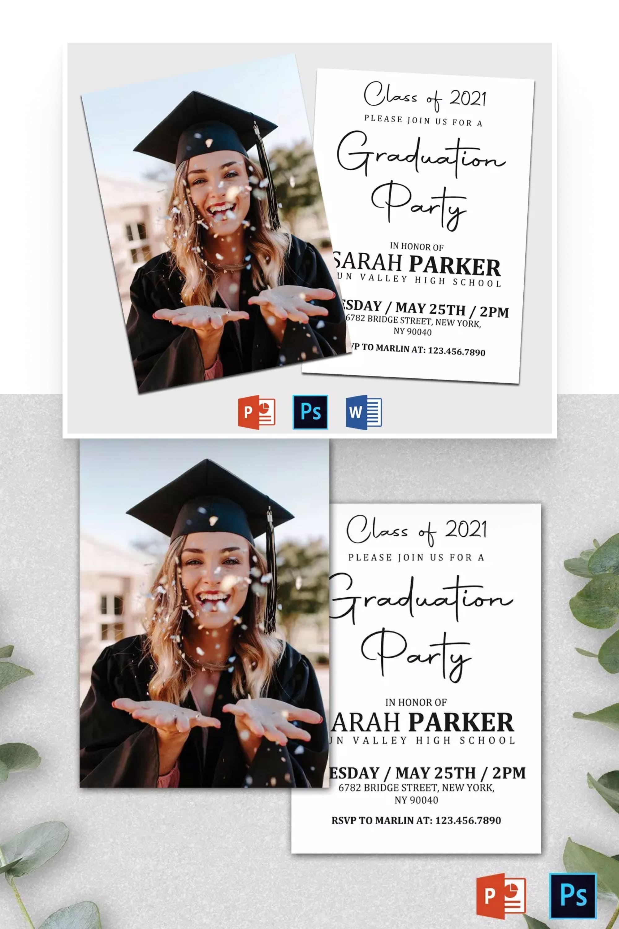 A collage of graduation invitations with a photo of a cheerful smiling girl in a confederate.