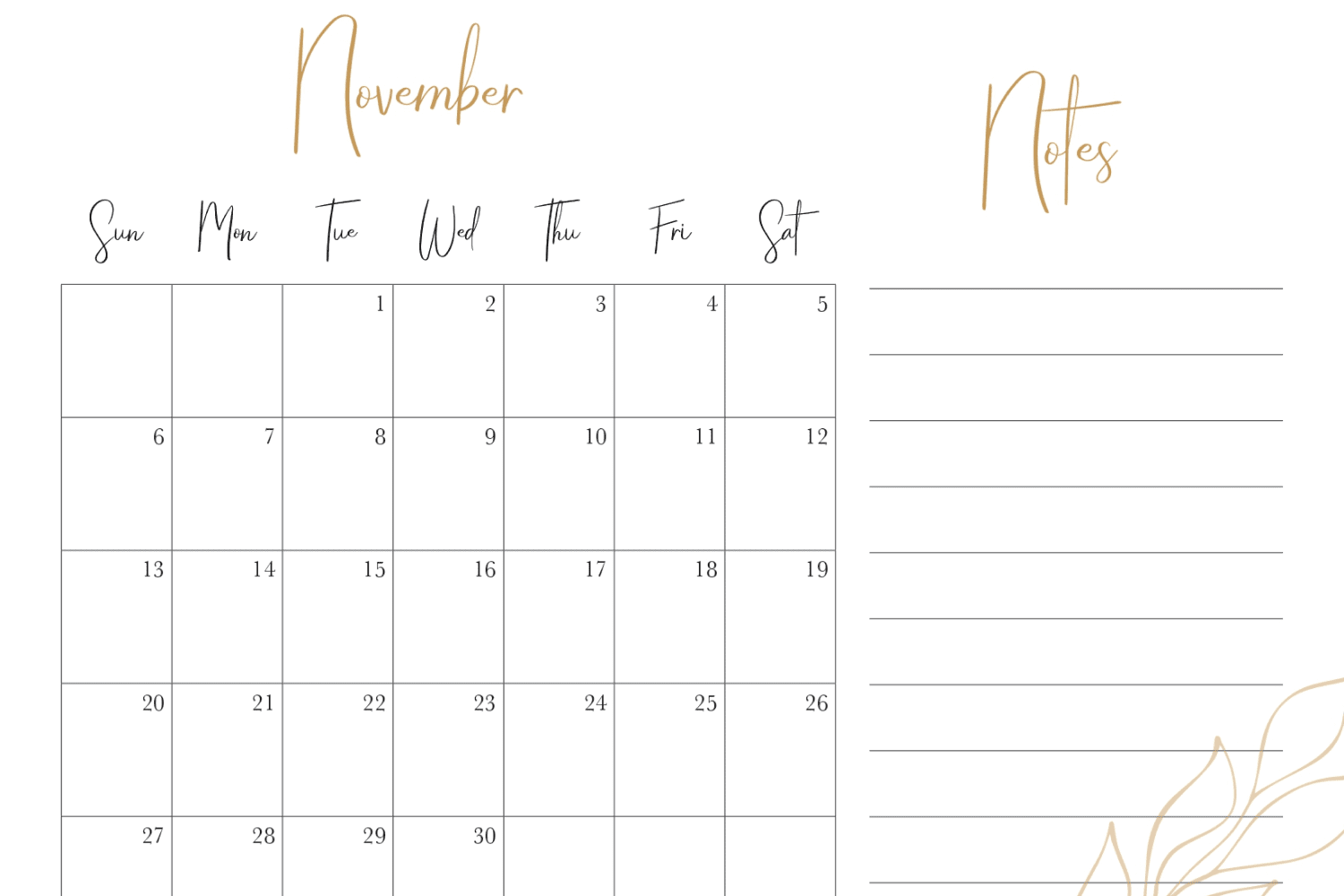 November calendar with white background and spaces for notes.