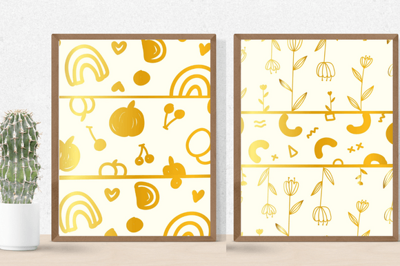 Two posters with the gold roses and some abstract shapes.