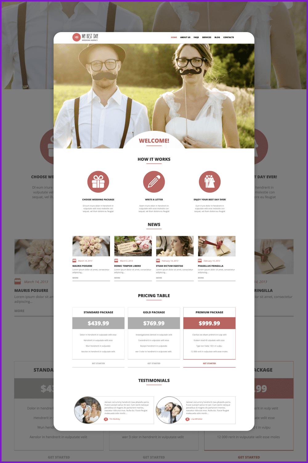 Screenshot of wedding planner website homepage with pricing table and news.