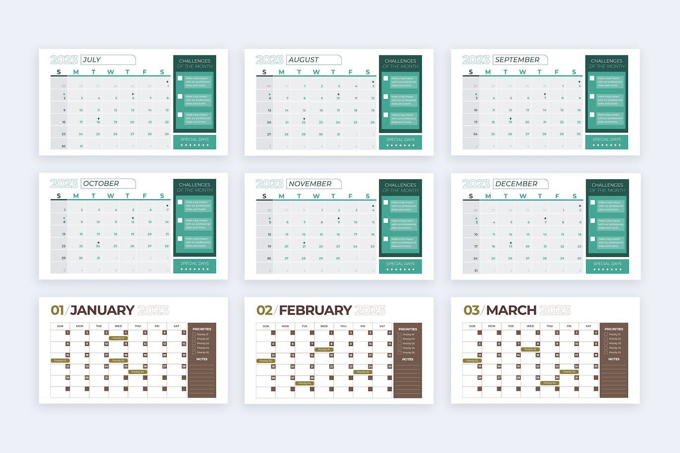 Pack of images of enchanting slides of the calendar presentation template.