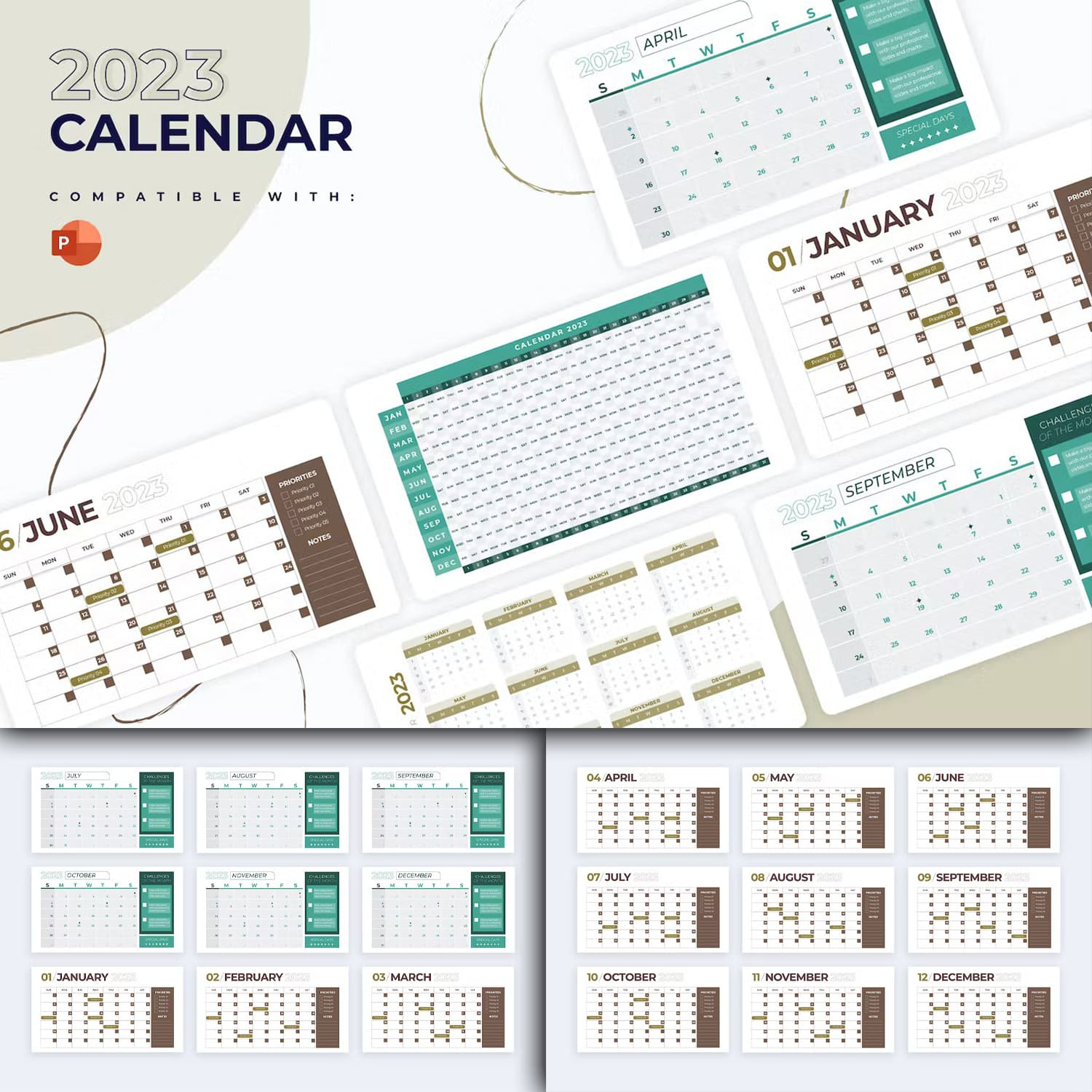 Cover with images of beautiful calendar presentation template slides.