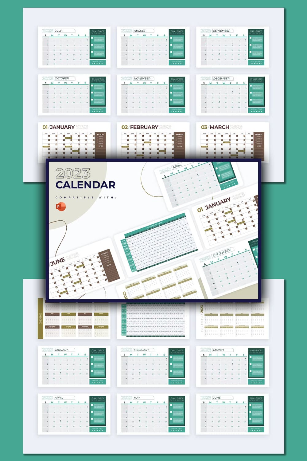 Collection of images of gorgeous calendar presentation template slides.