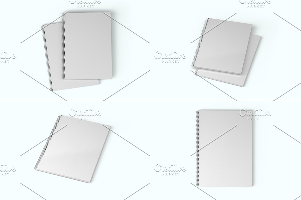 4 Mockups of a lying white spiral notebook A4 on a white background.