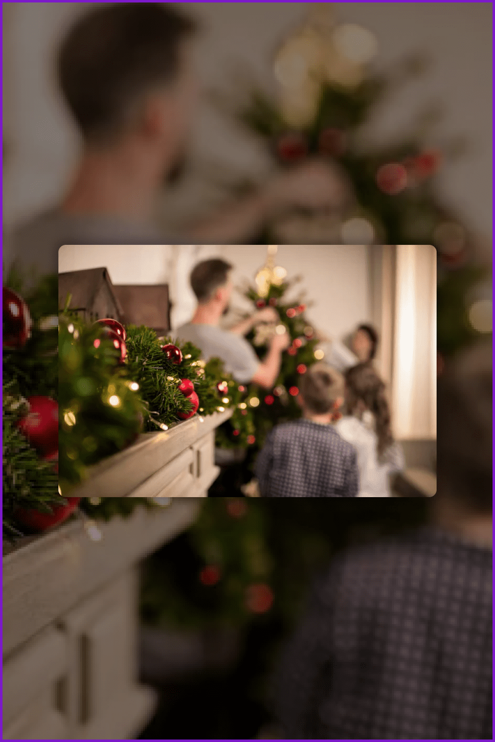 Photo of a family decorating a Christmas tree.