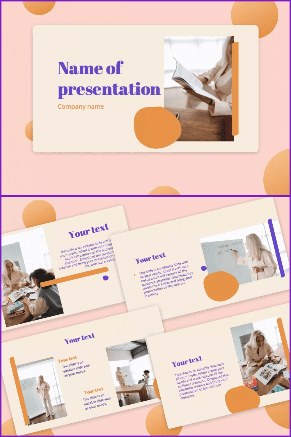 Collage of presentation pages with beige background and blue text and large photos.