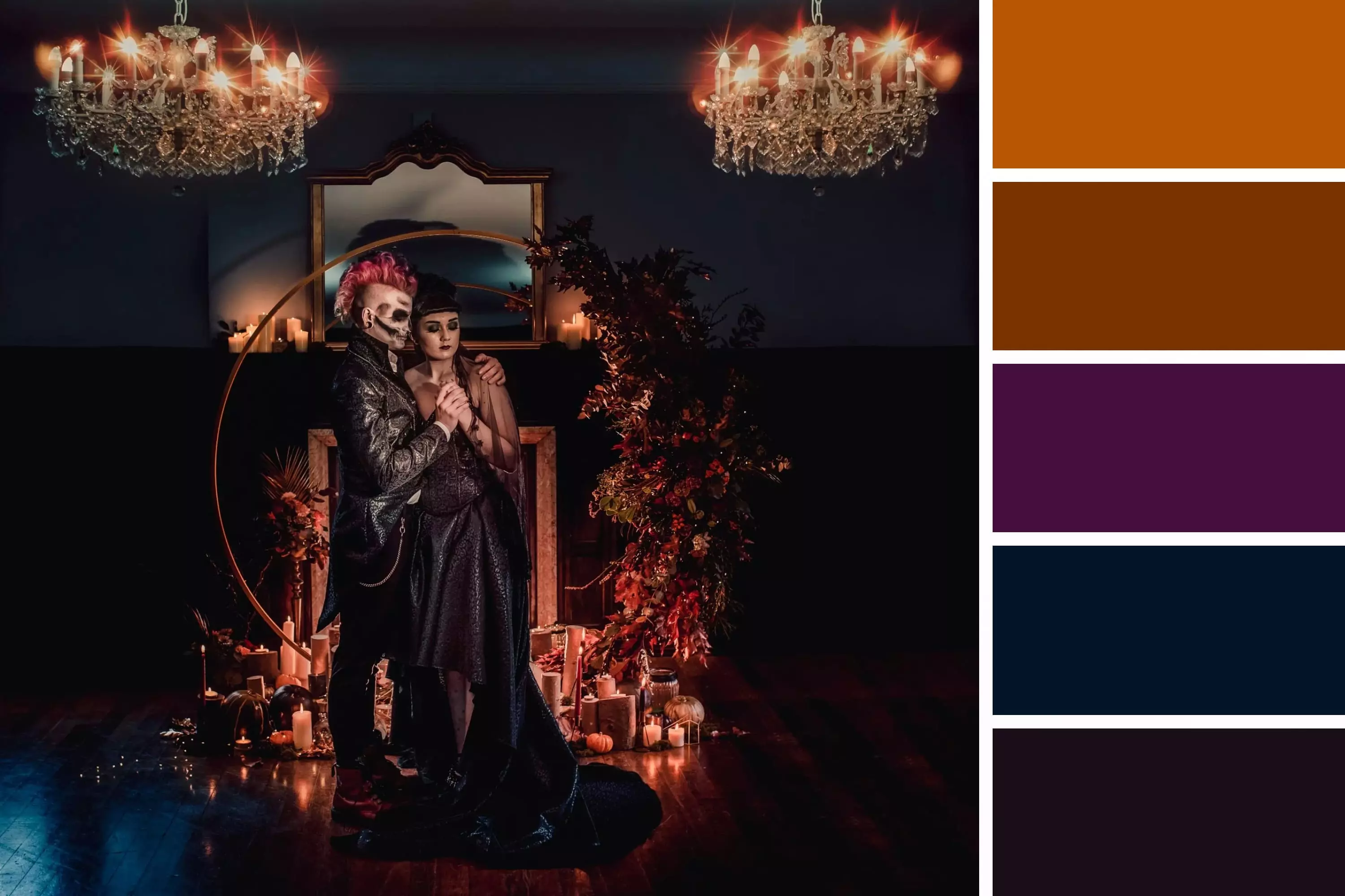 Photo of a couple in Greek dress and make-up against the backdrop of an installation of pumpkins, candles and flowers.