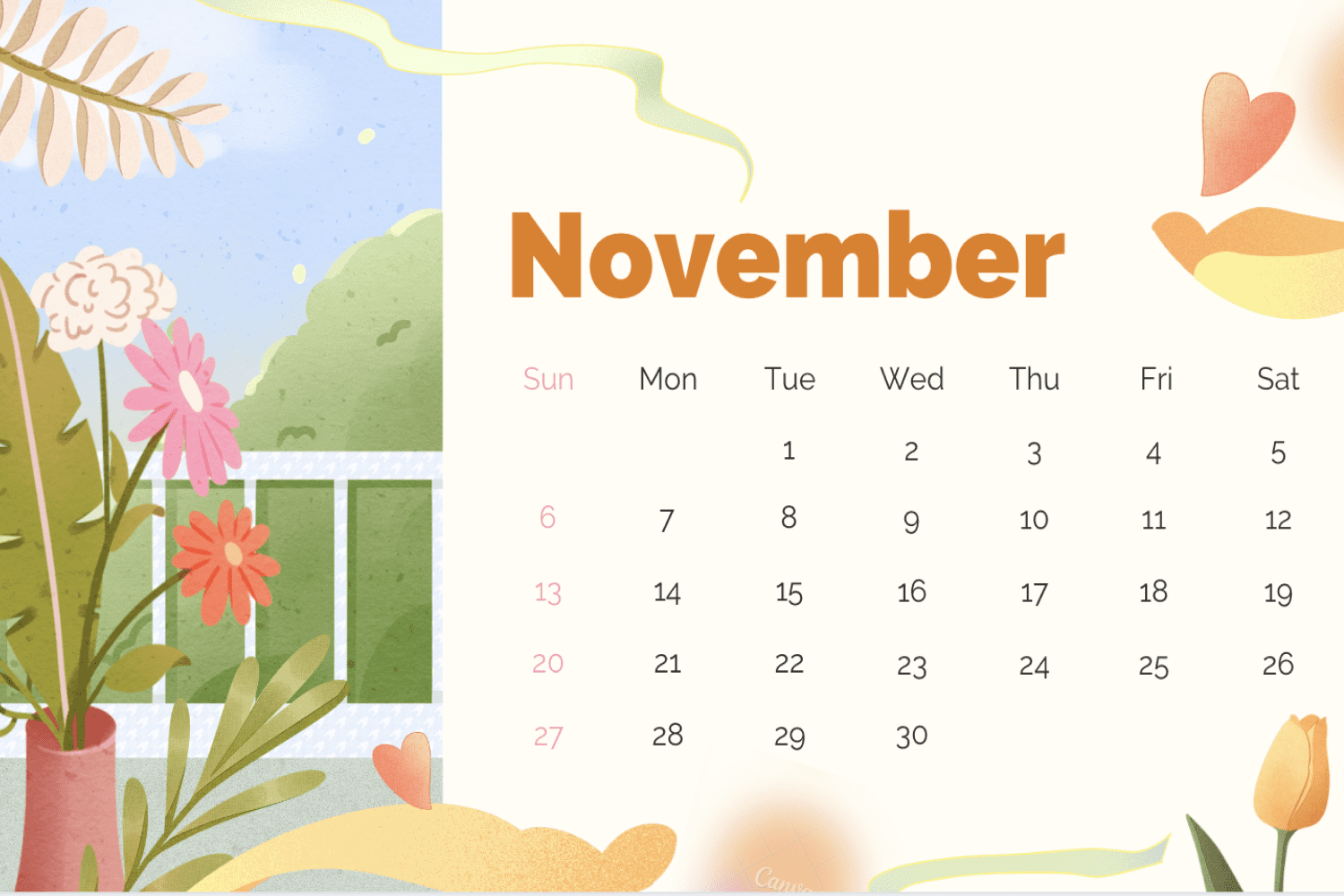 Calendar for November with a white background and painted flowers on the window.