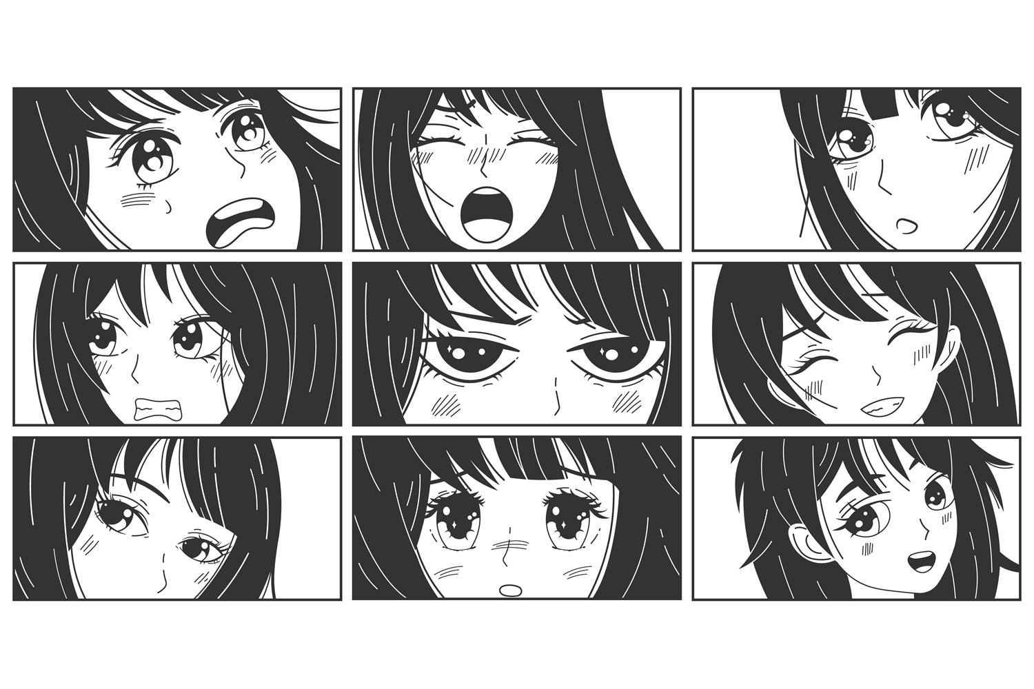 9 black and white comic posters of an anime cute woman on a white background.