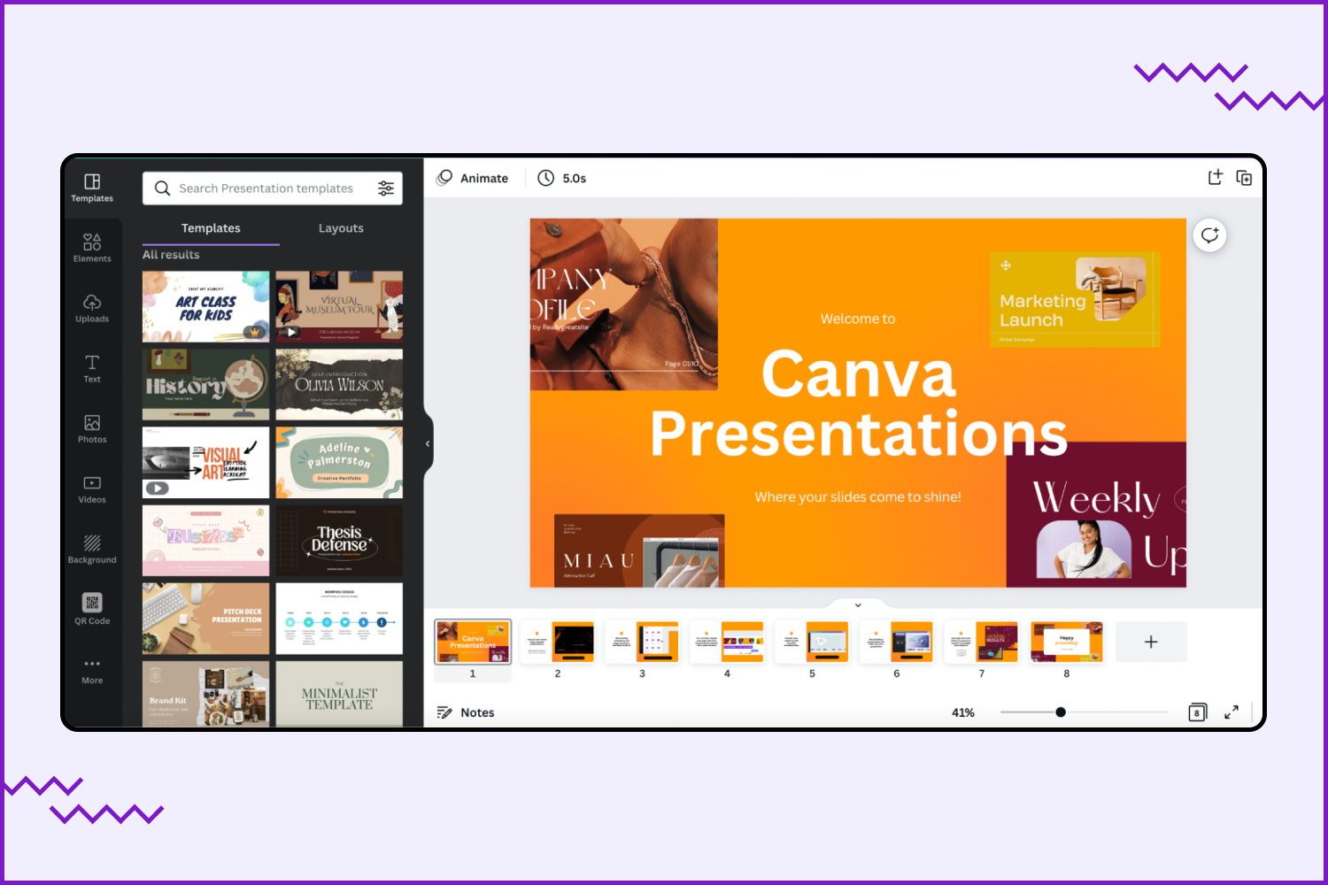 Screenshot of the working window of the Canva website and the presentation window.