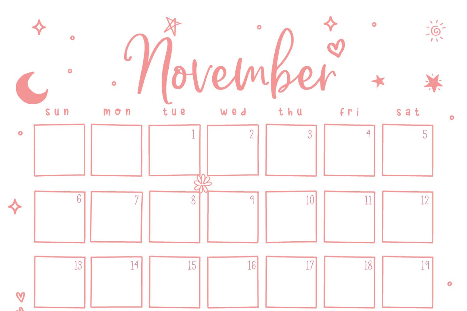 November calendar with white background pink cute squares for dates.