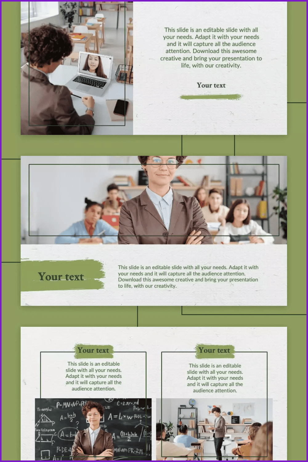 Collage of presentation pages with white and green background and teacher in the classroom.