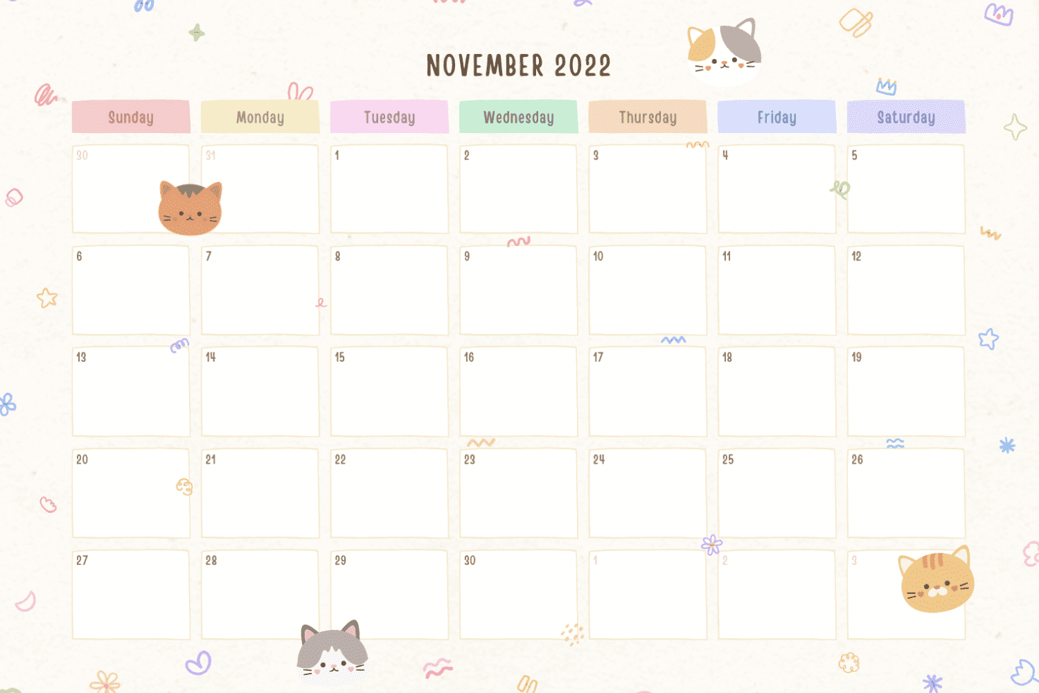 Calendar for November with drawn faces of cats.
