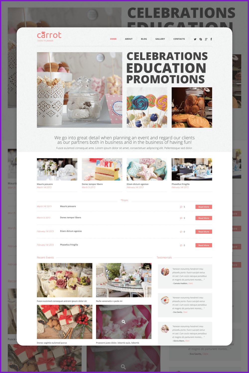 Screenshot of the main page of the event planner website with large photos of sweets.