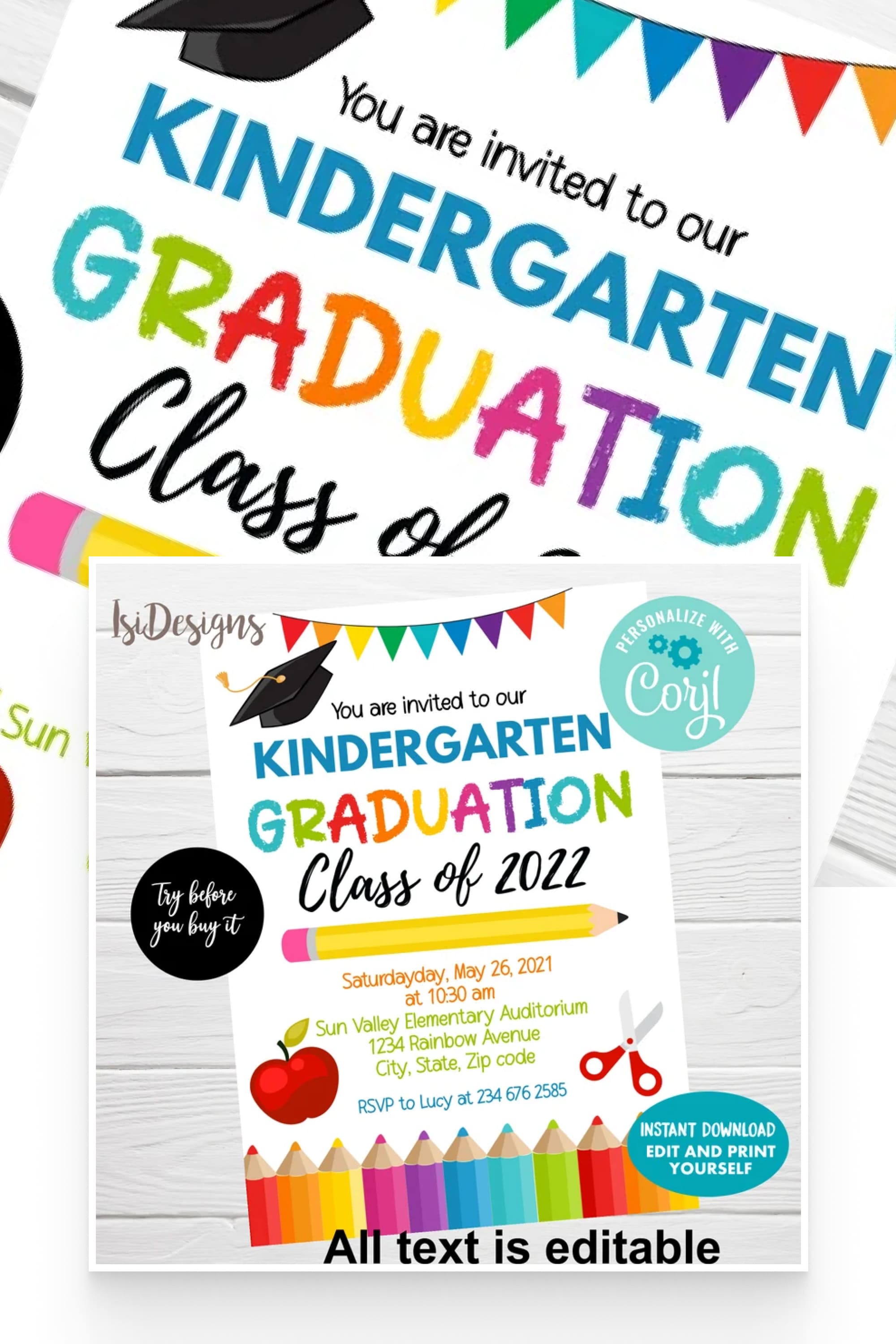 Collage of graduation invitations with drawn pencils and flags.