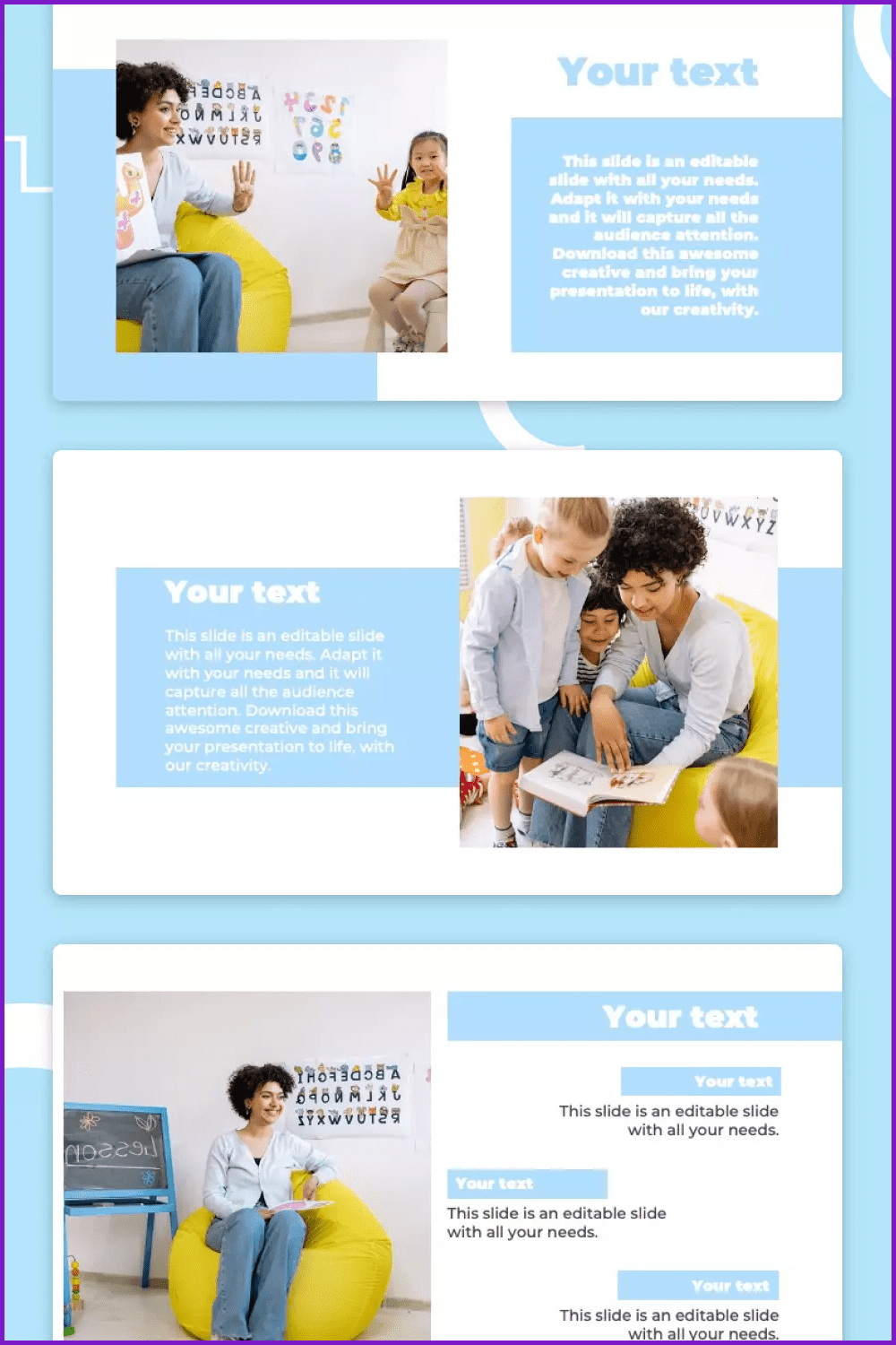 Collage of presentation pages with white and blue backgrounds and a teacher with children.