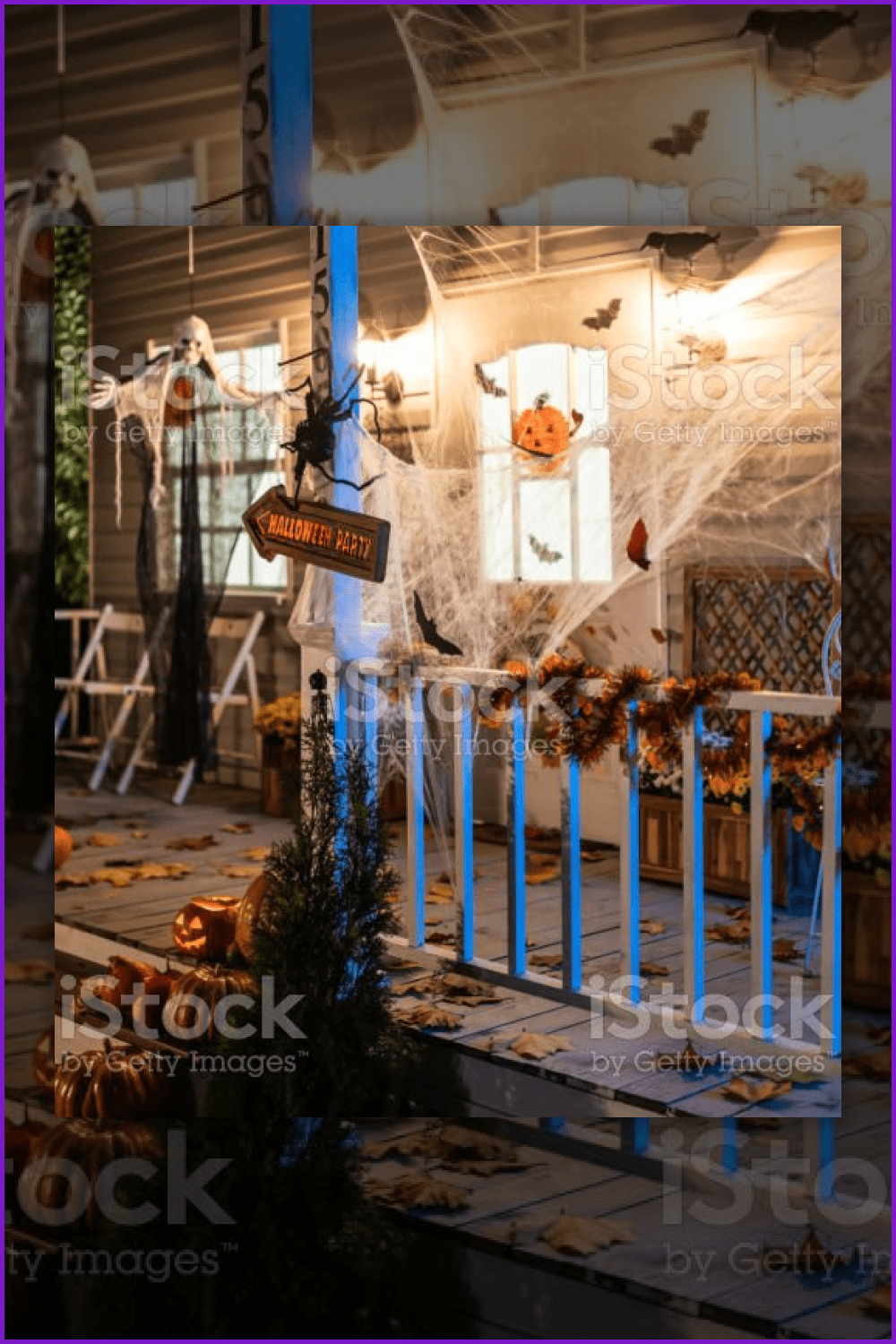 Photo of the porch of the house decorated for Halloween.