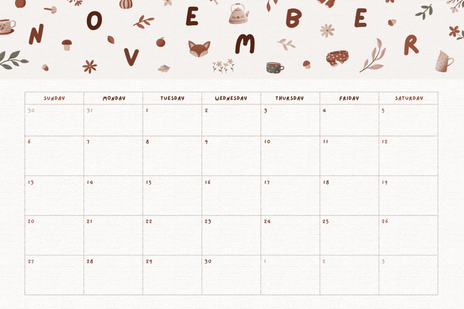 November calendar with drawn letters, fox, teapot, mushrooms and leaves.