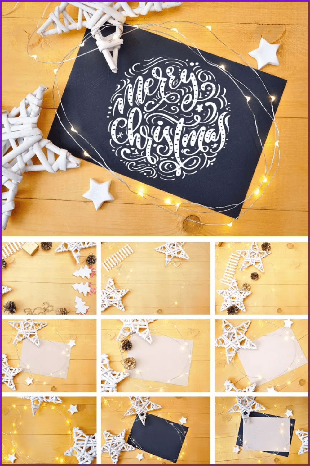 A collage of photographs of a white or black sheet on a table surrounded by Christmas decorations.