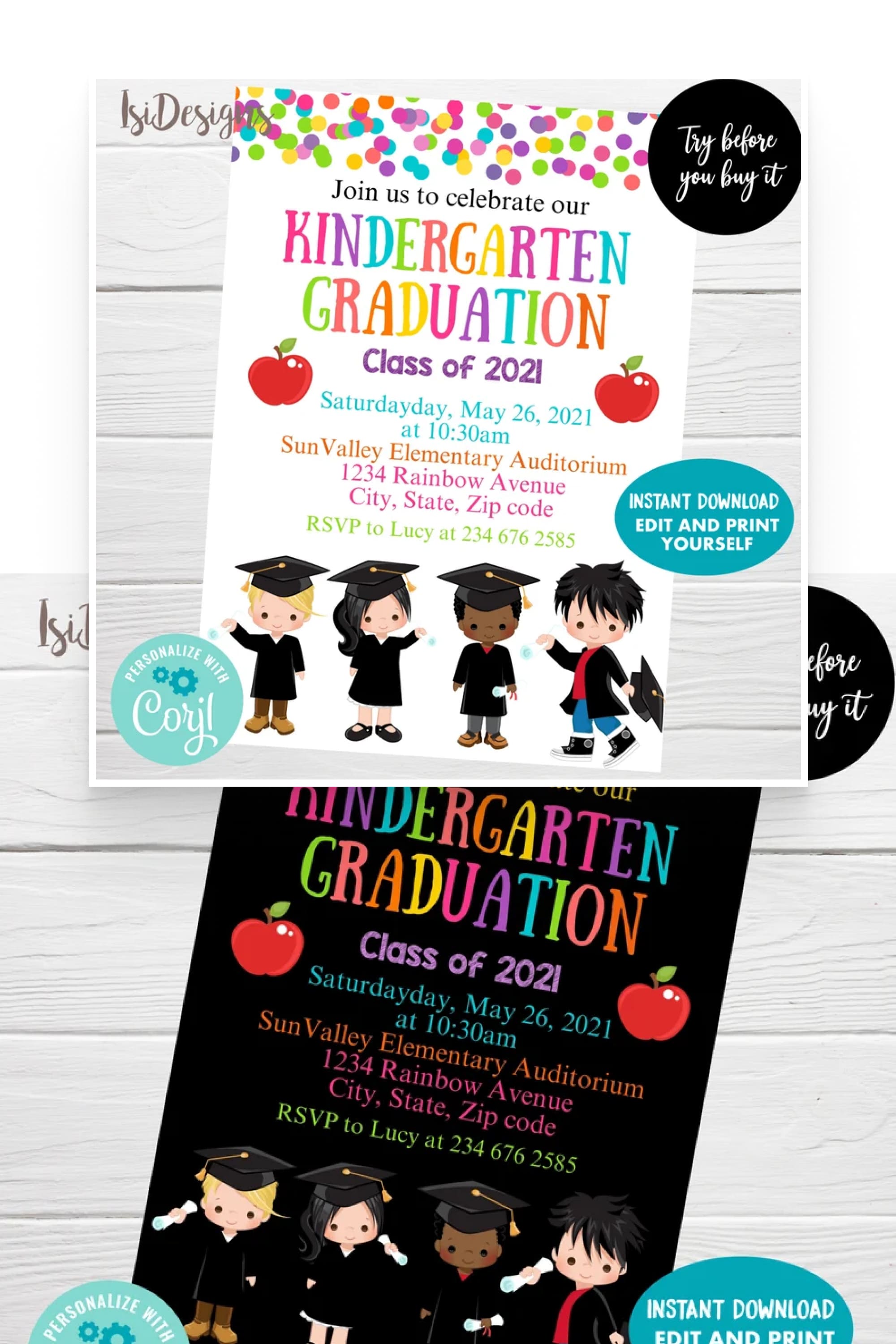 Collage of graduation invitations with hand drawn kindergarten graduate children.