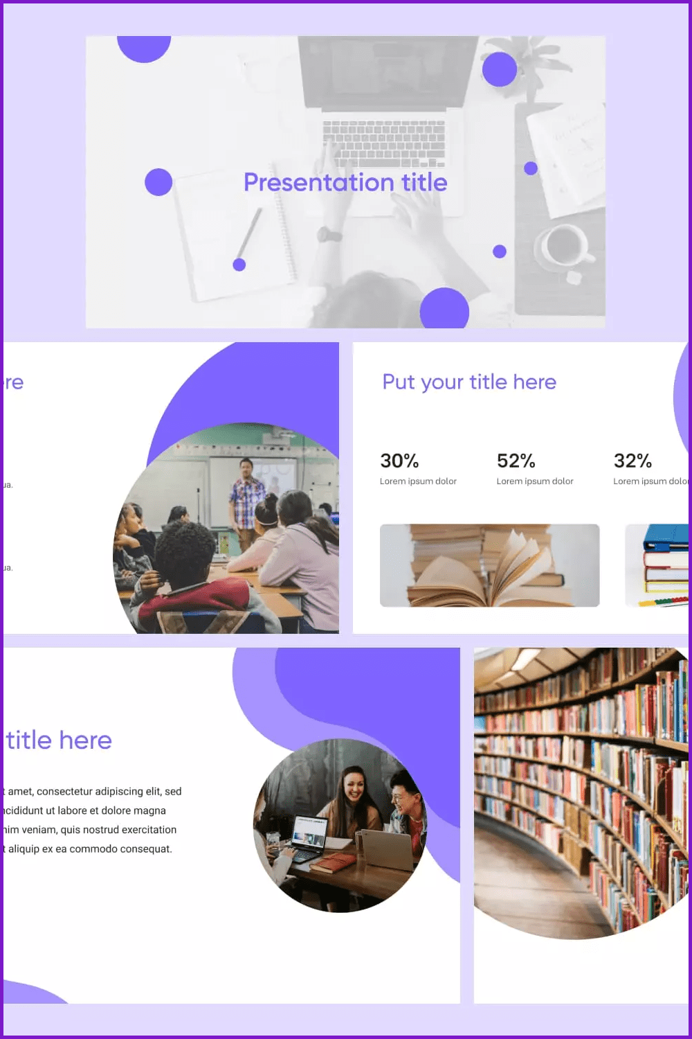 Collage of presentation pages with white and blue backgrounds with class and library photos.