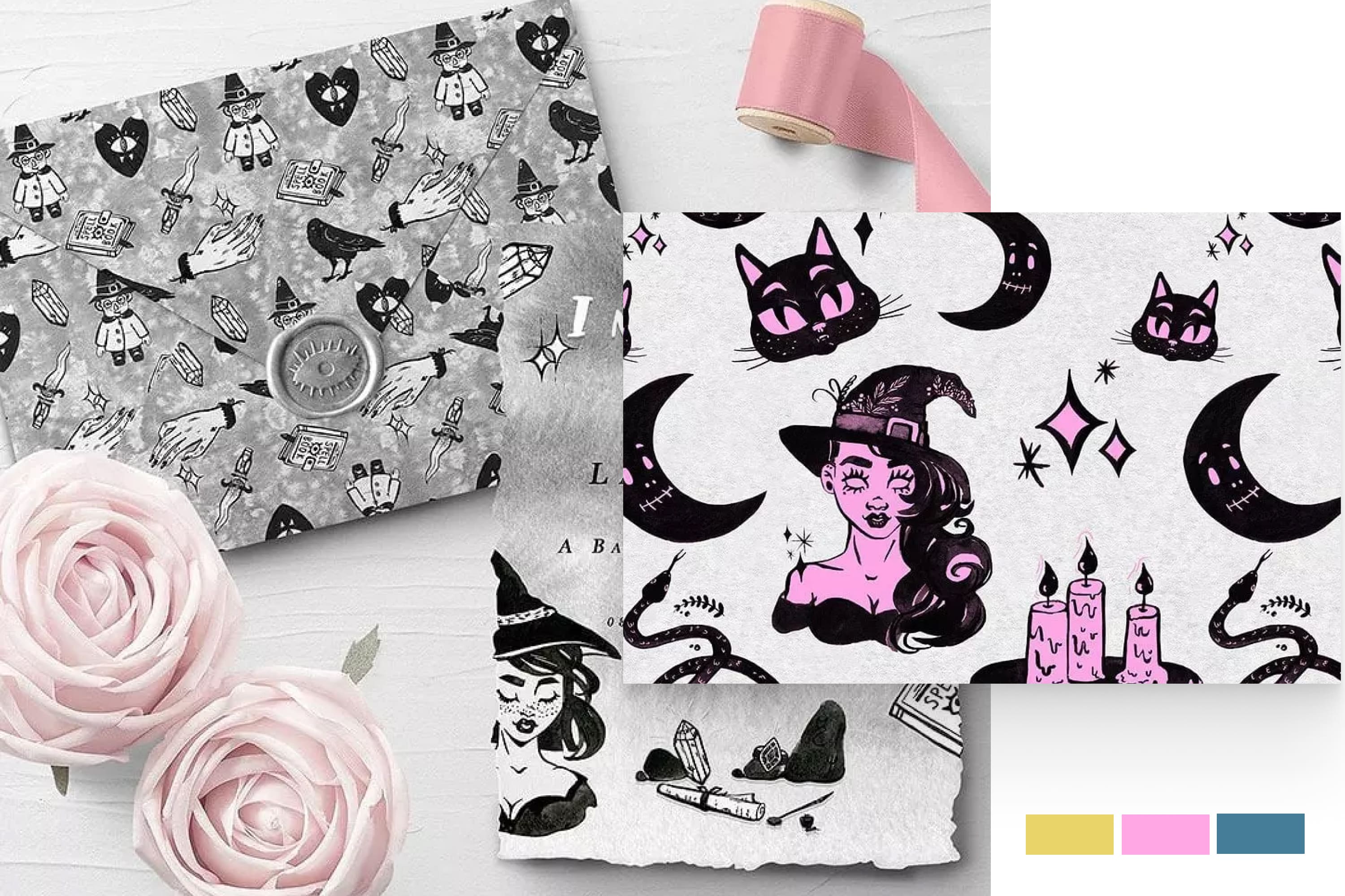 Collage of stickers on the theme of Halloween on in gray and pink colors.