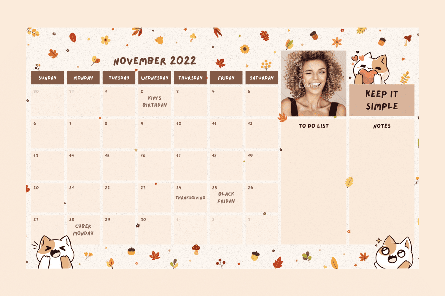 Calendar for November with drawn cats and place for assignments and notes.