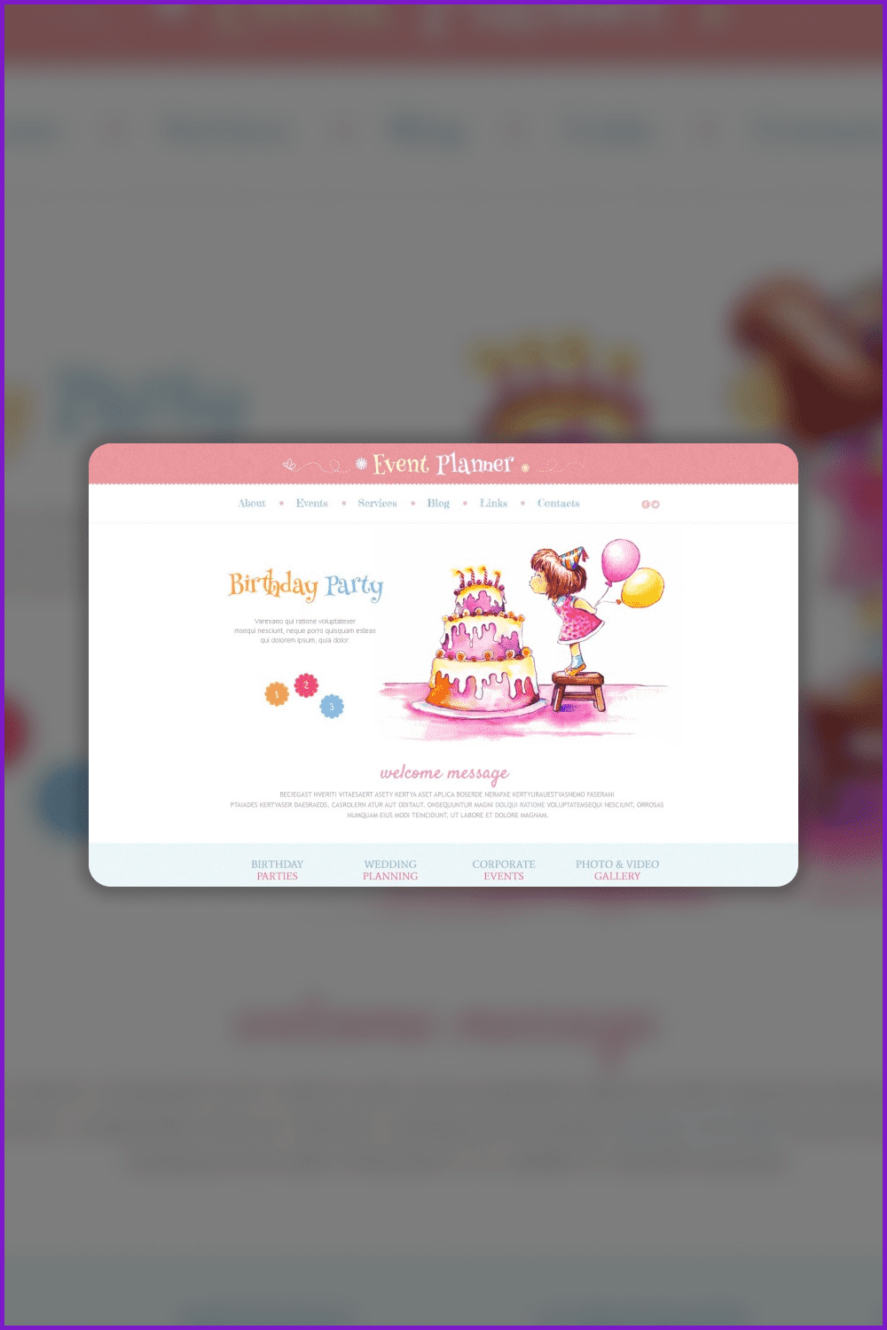 Screenshot of the main page of the event planner website with a drawn girl and a huge cake.