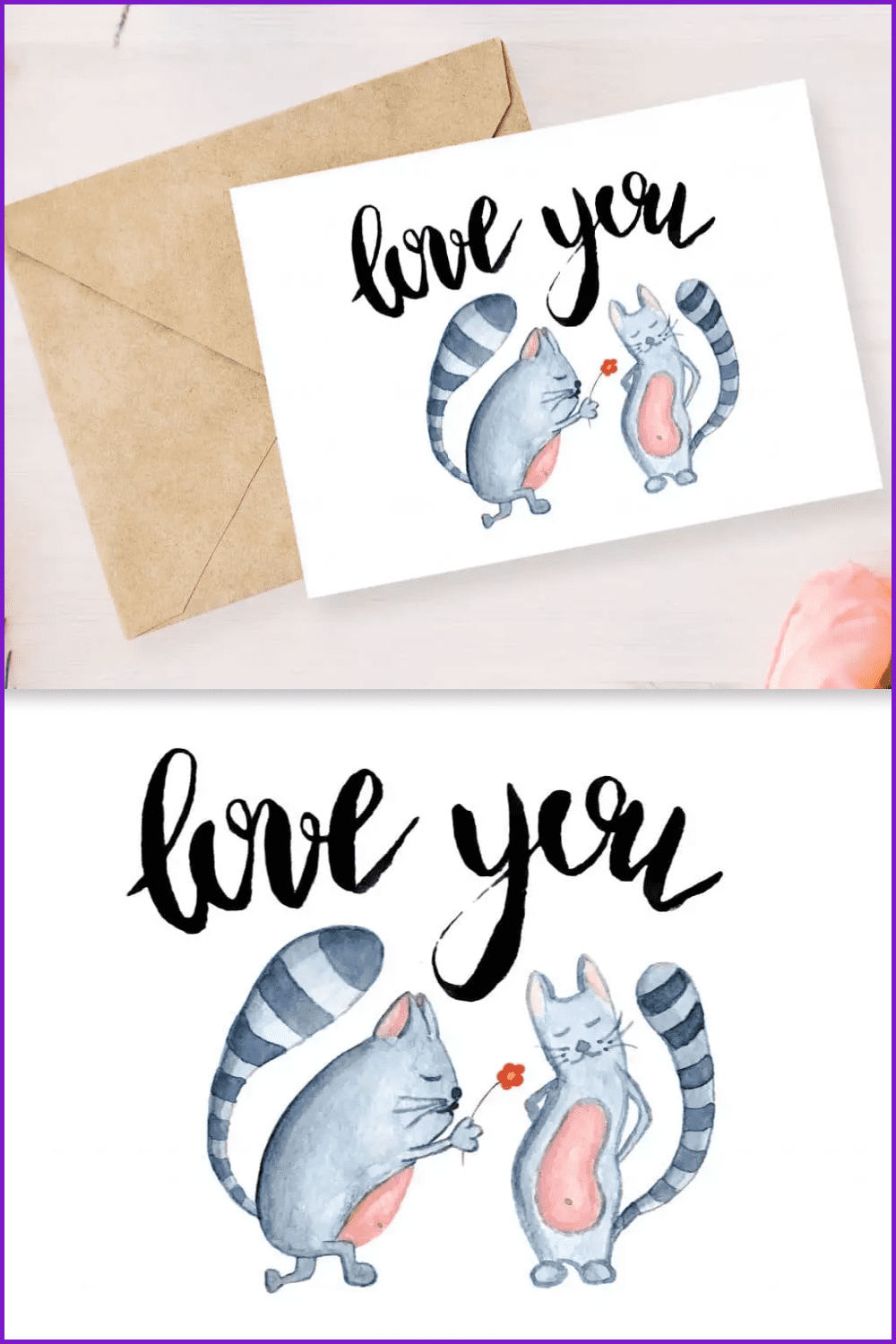 Postcards with painted gray tabby cats and an inscription Love you.