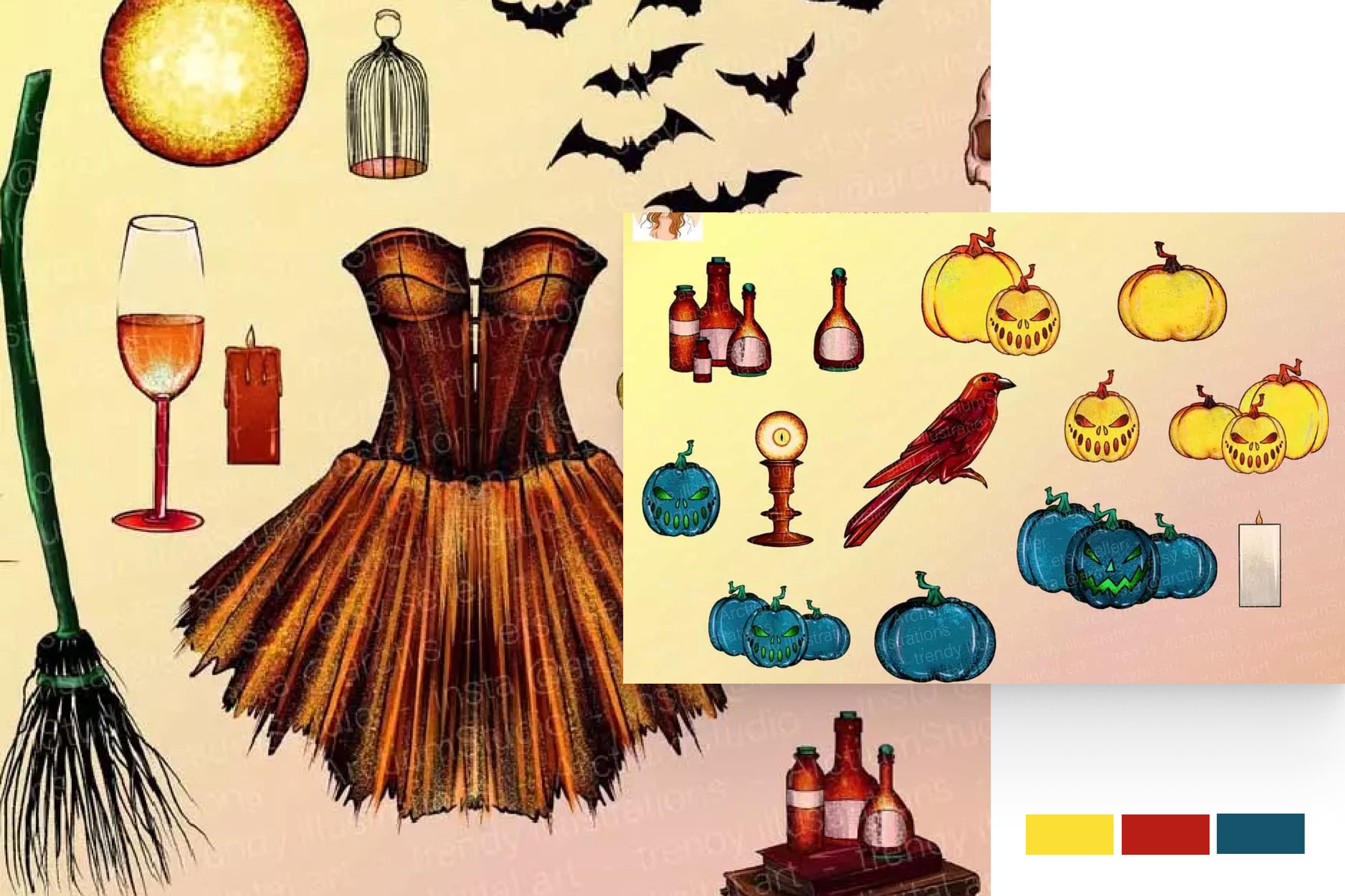 Collage of drawn broom, goblet, crow, pumpkins, potion bottles and witch dress.