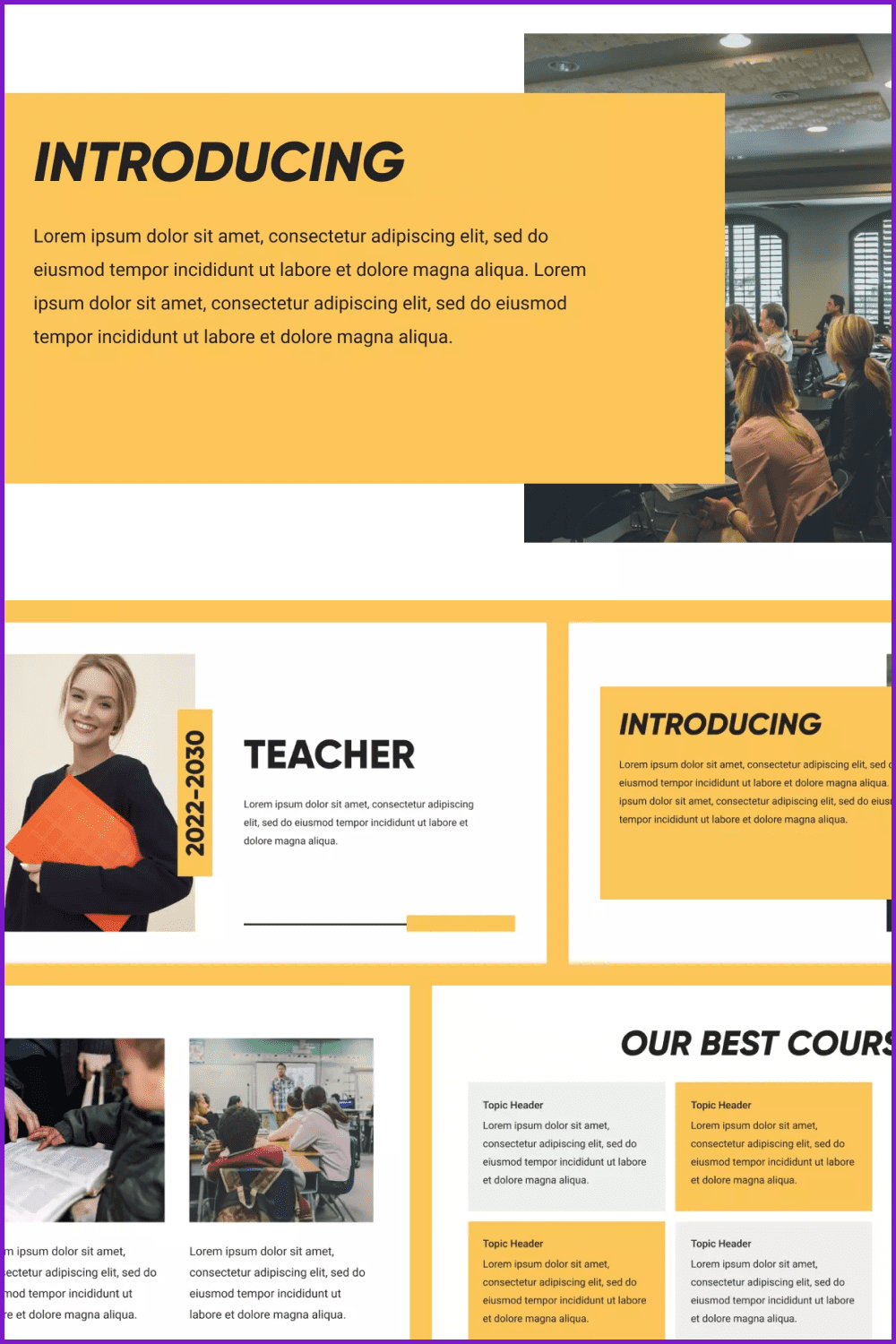 Collage of presentation pages with white backgrounds and yellow accents and photos of students.