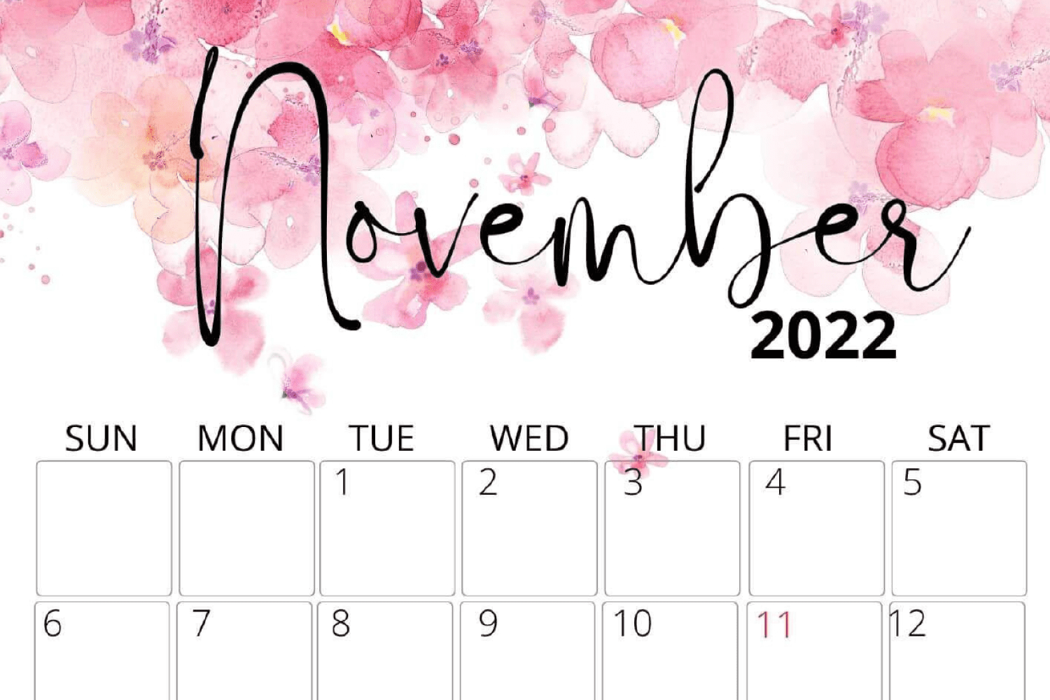 Calendar for november with watercolor rose flowers on background.