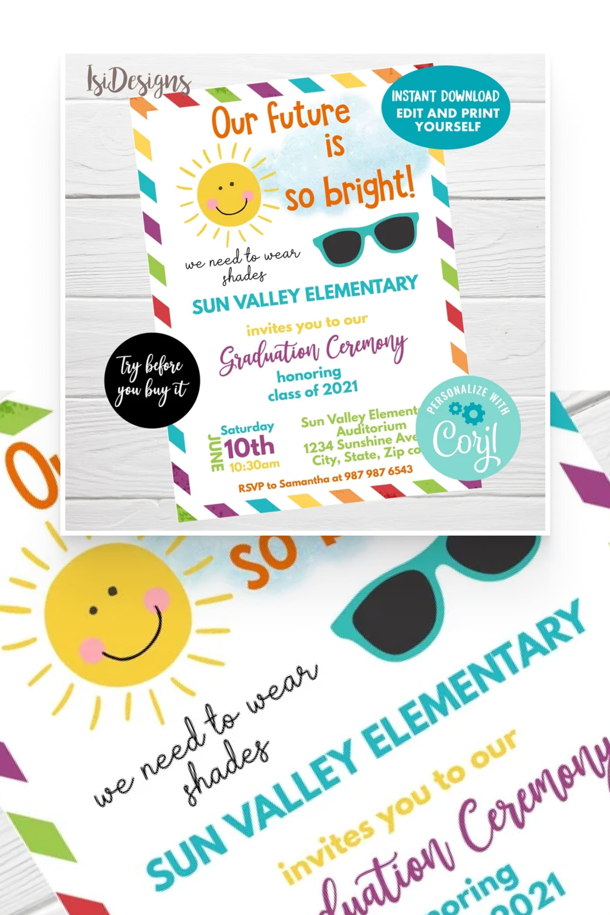 Kindergarten graduation invitation with painted sun and glasses.