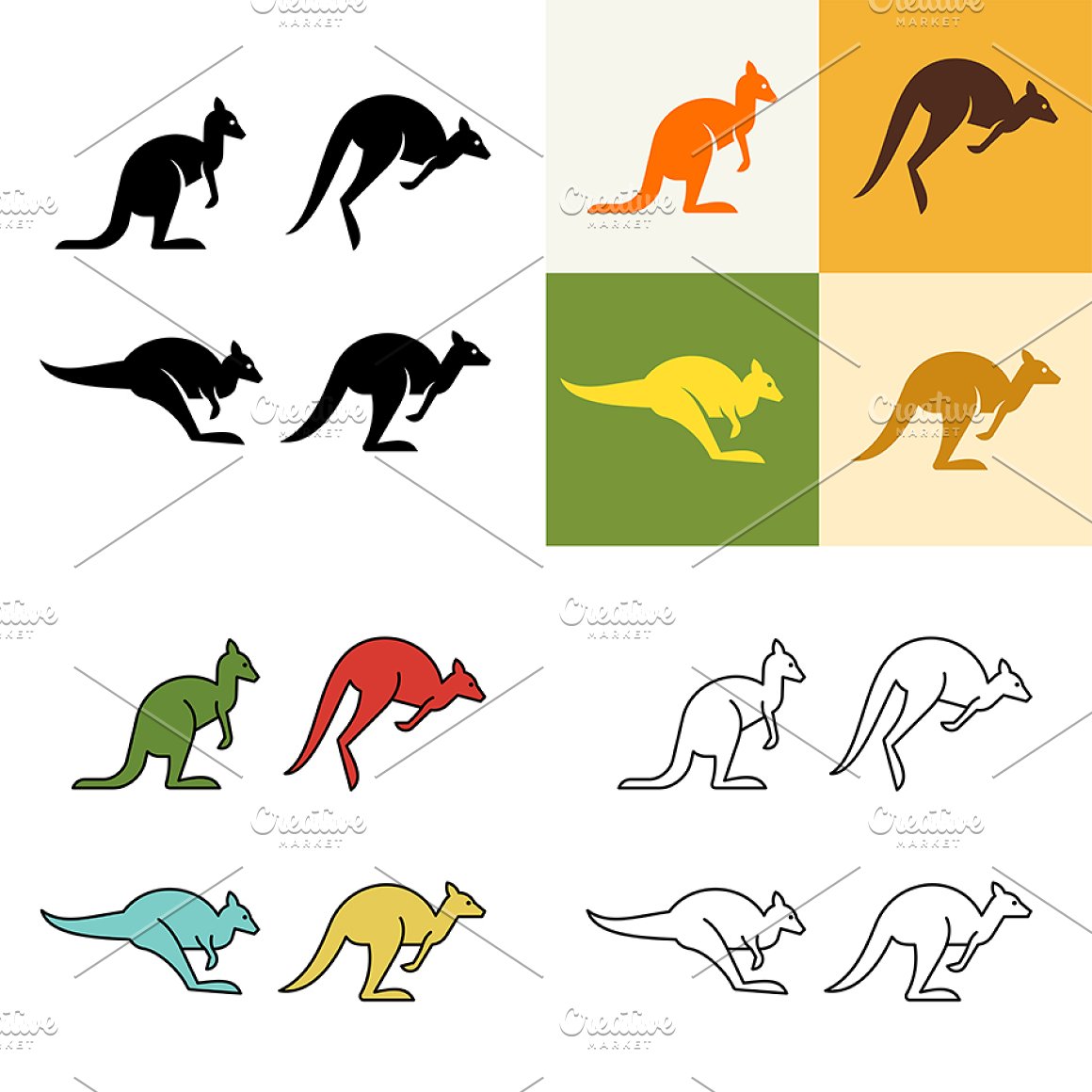 Diverse of colorful kangaroos.