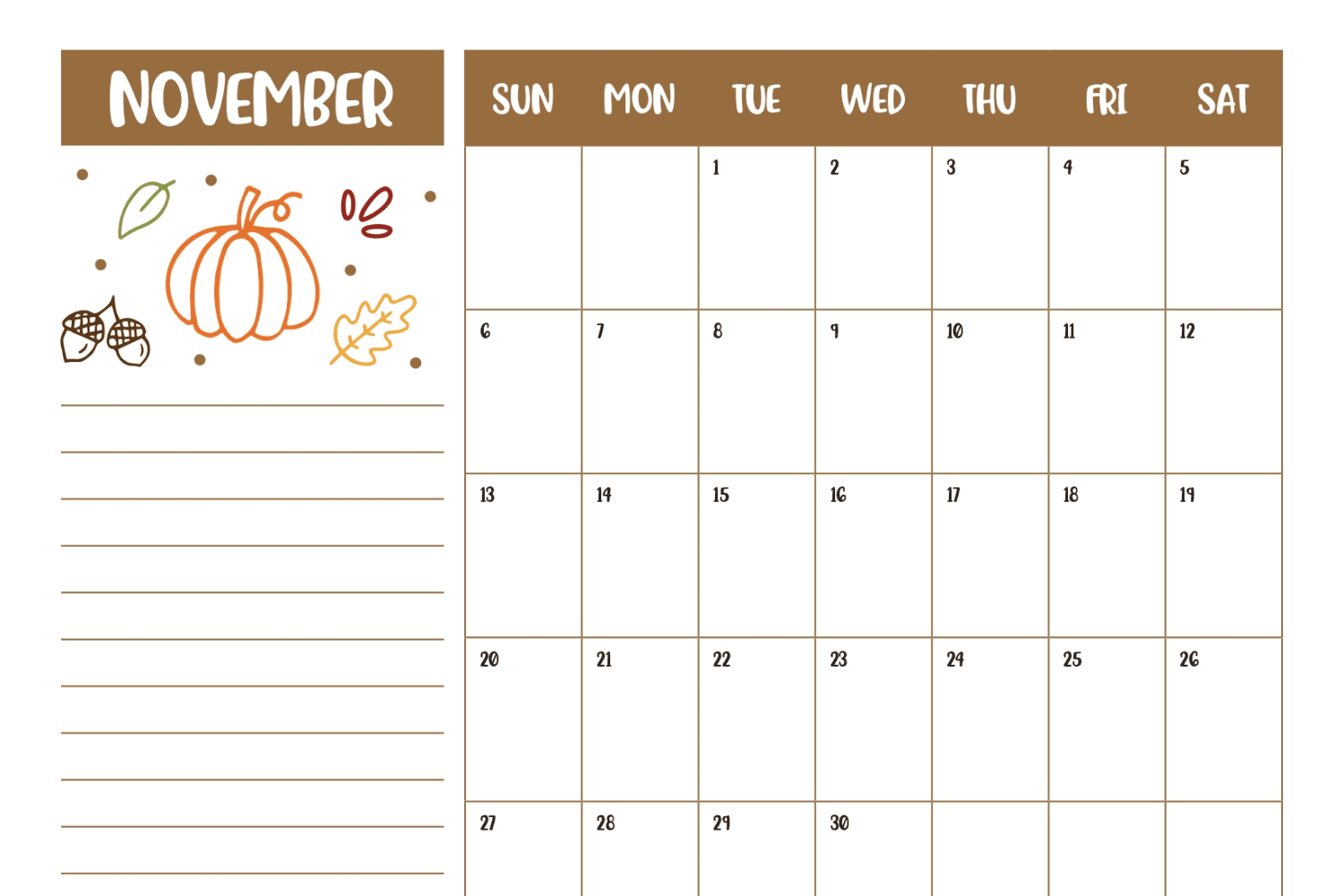 November calendar with pumpkin, leaves, acorns and space for notes.