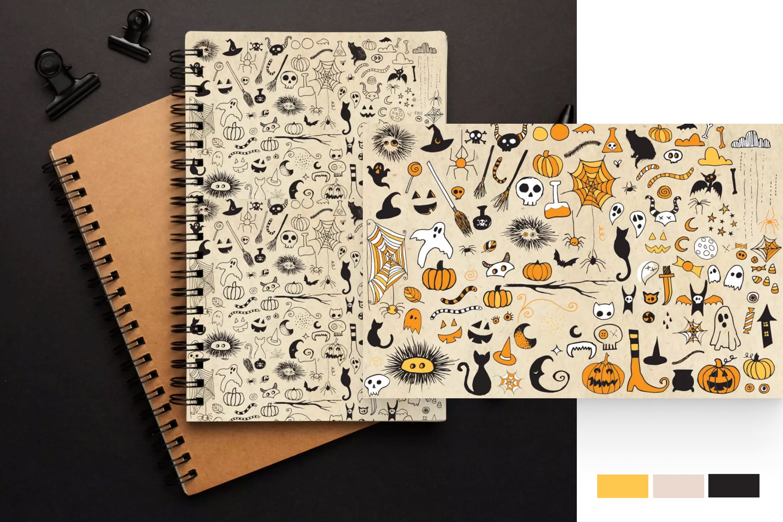 Collage of drawn pumpkins, cats, skulls, brooms, ghosts, snakes for Halloween.