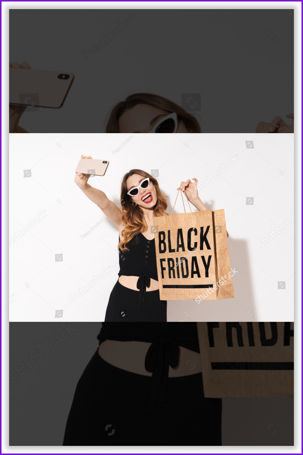 Woman making selfie while holding a paper bag with the text “Black Friday”.