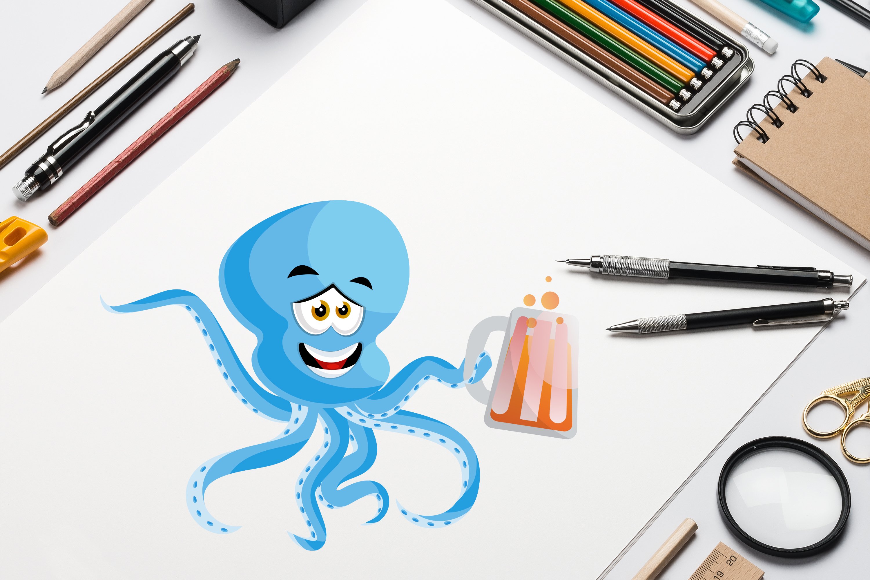 White paper with the embarrassed blue octopus.