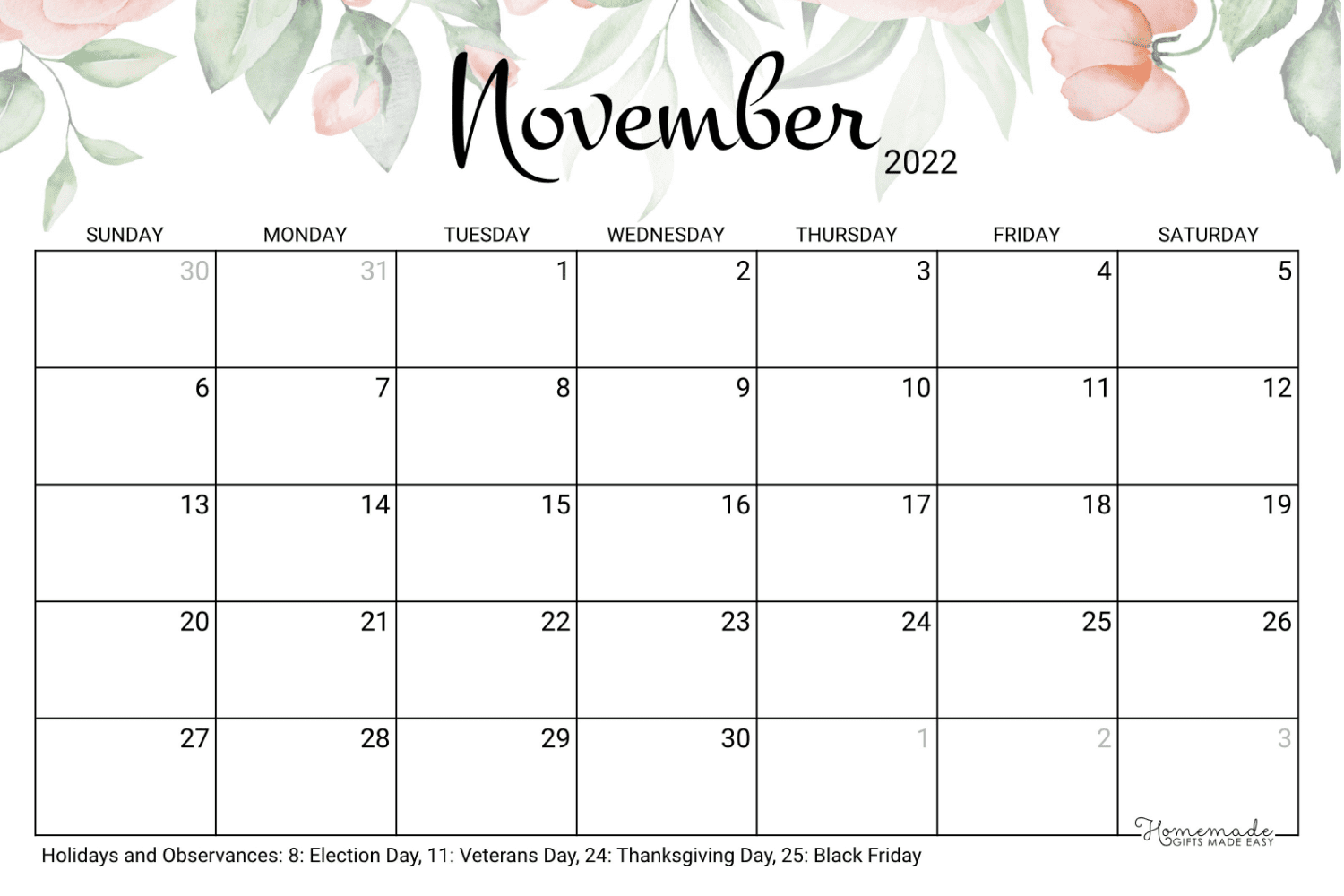Calendar for November with flowers at the top and a list of holidays at the bottom.
