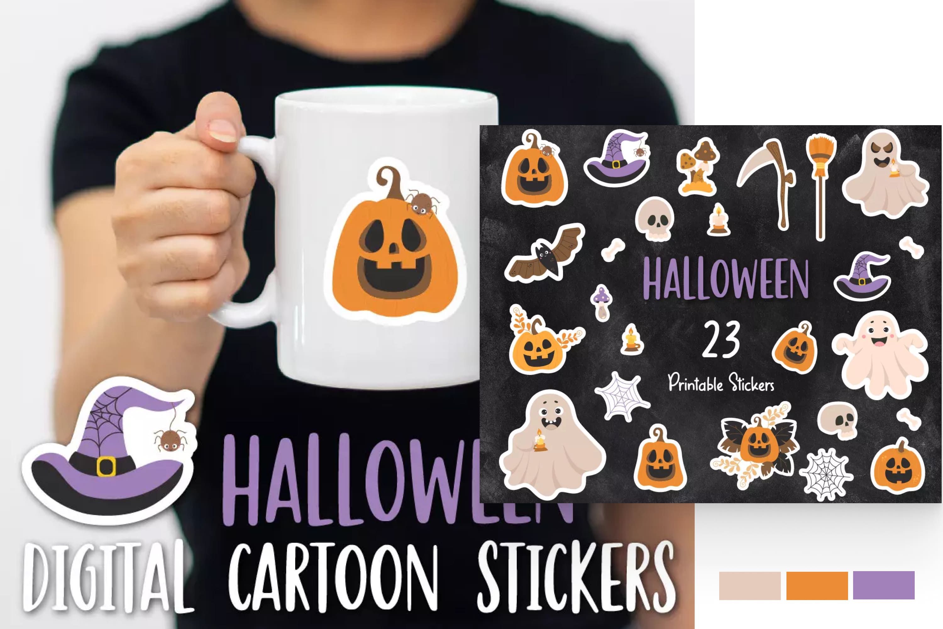 Collage of colorful stickers with cute pumpkins, ghosts, skulls, cobwebs.