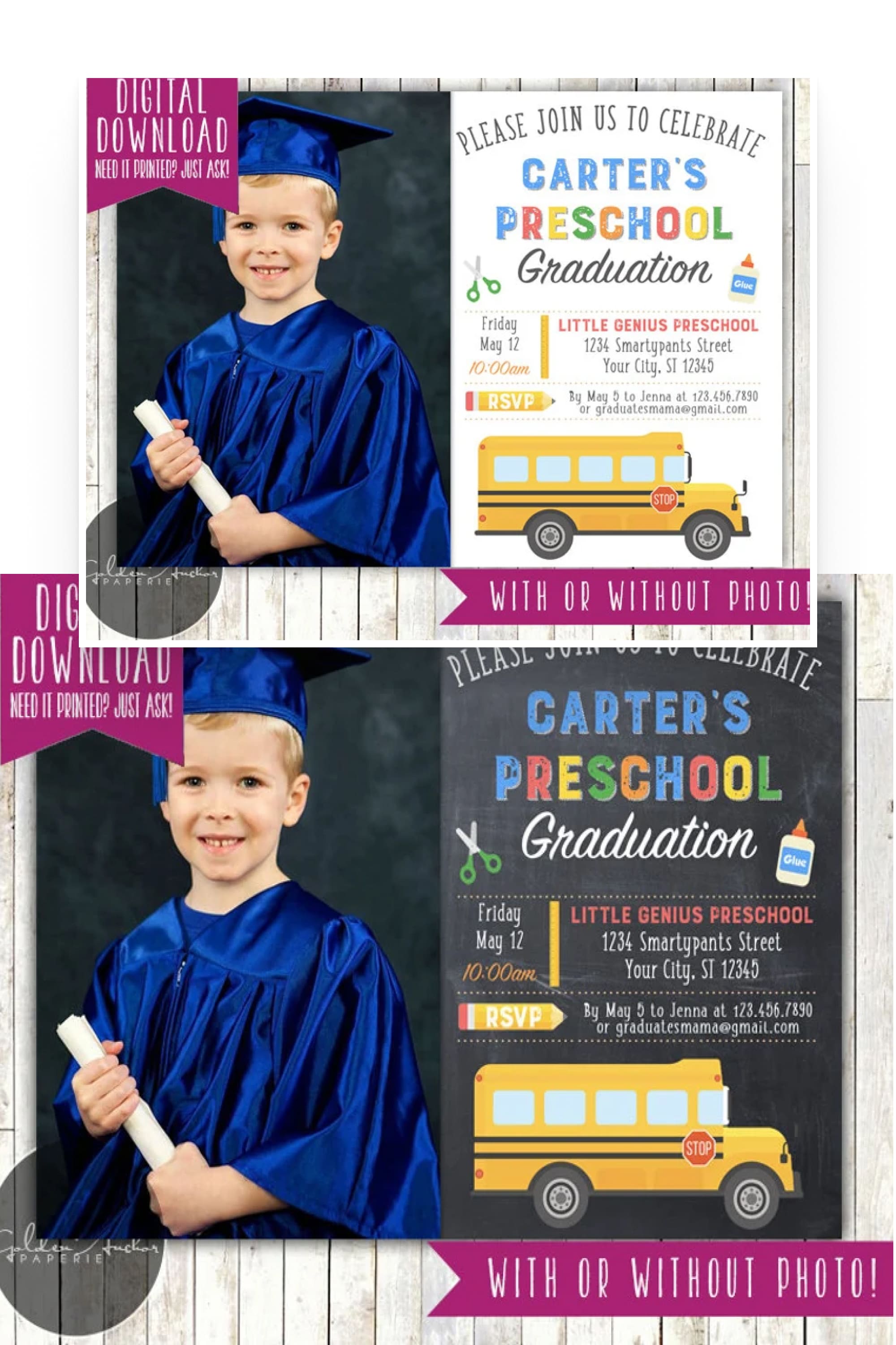 Kindergarten graduation invitation with a painted bus and a photo of a boy in a blue cape.